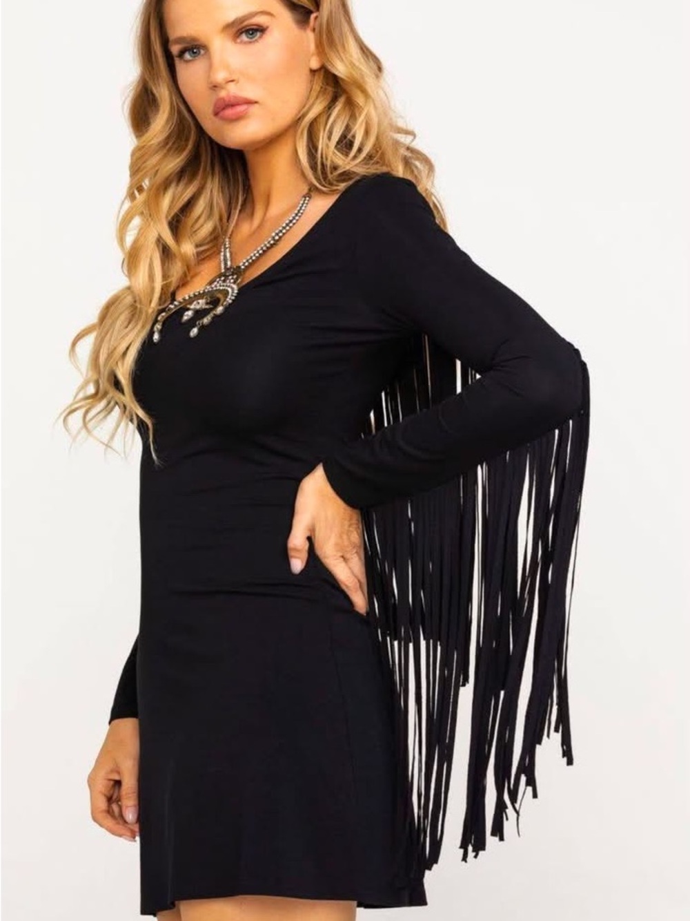 Idyllwind Black Long-Sleeve Fringe Mini Dress